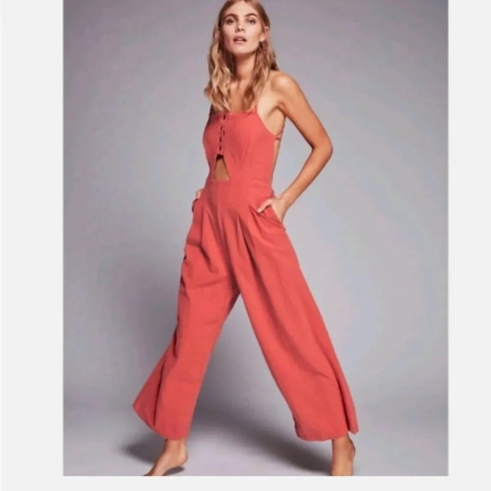 Free People Marbella Linen Cutout One Piece Jumpsuit Wide Leg